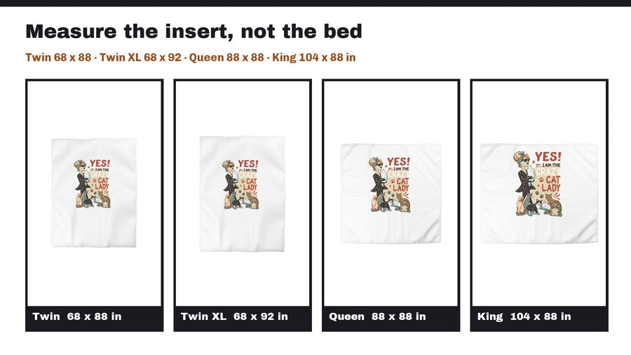 Four panels showing the same duvet cover in Twin, Twin XL, Queen, and King with the measurements in inches