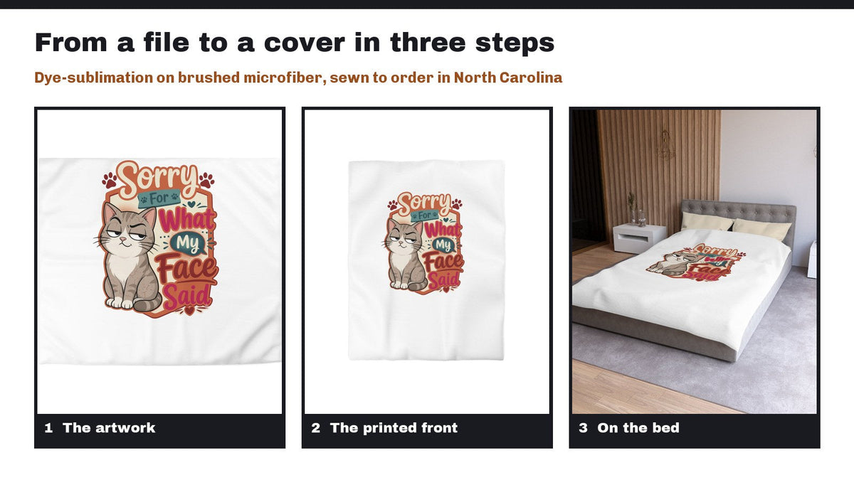 Three comic panels: the Sorry for What My Face Said artwork, the printed front of the cover, and the cover on a bed