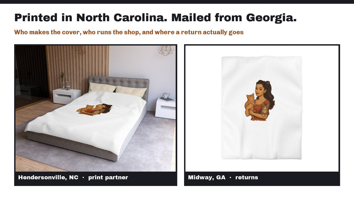 Two panels: a printed duvet cover on a bed labeled Hendersonville, NC, and the flat cover labeled Midway, GA