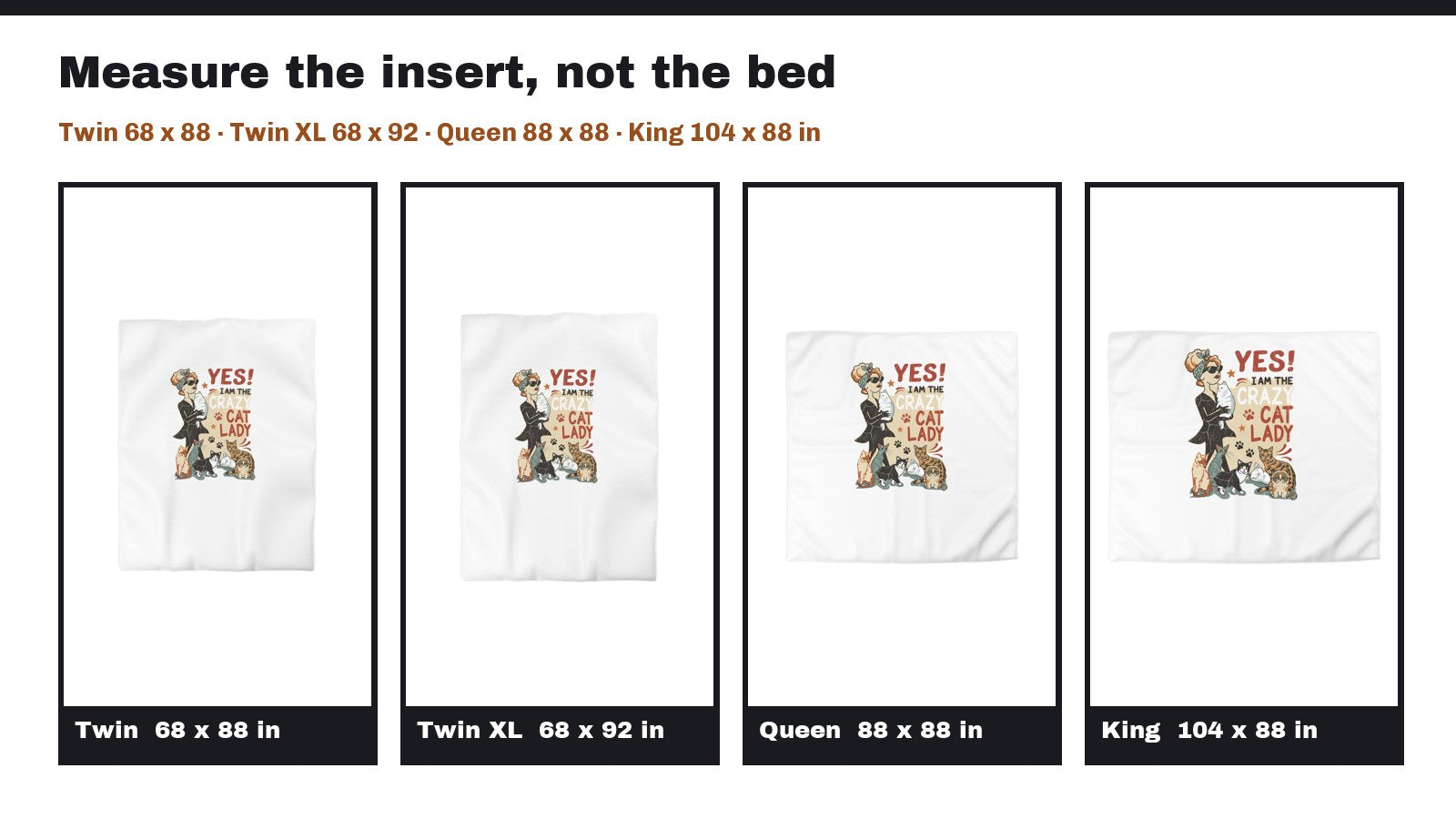 Four panels showing the same duvet cover in Twin, Twin XL, Queen, and King with the measurements in inches