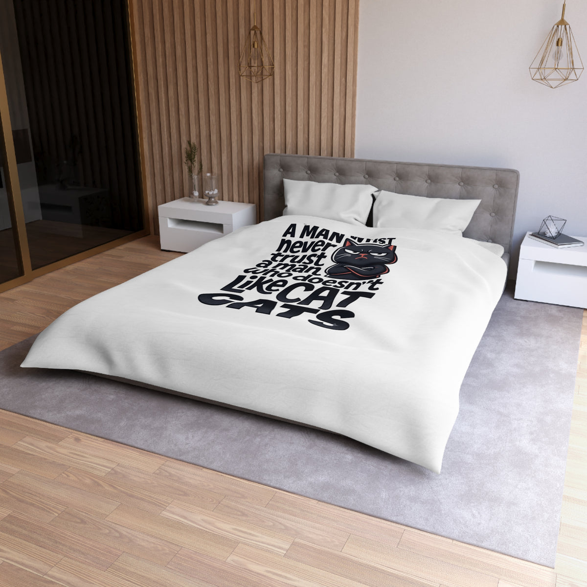 Duvet Cover — "Never Trust a Man Who Doesn't Like Cats" Cute Black Cat Bedding