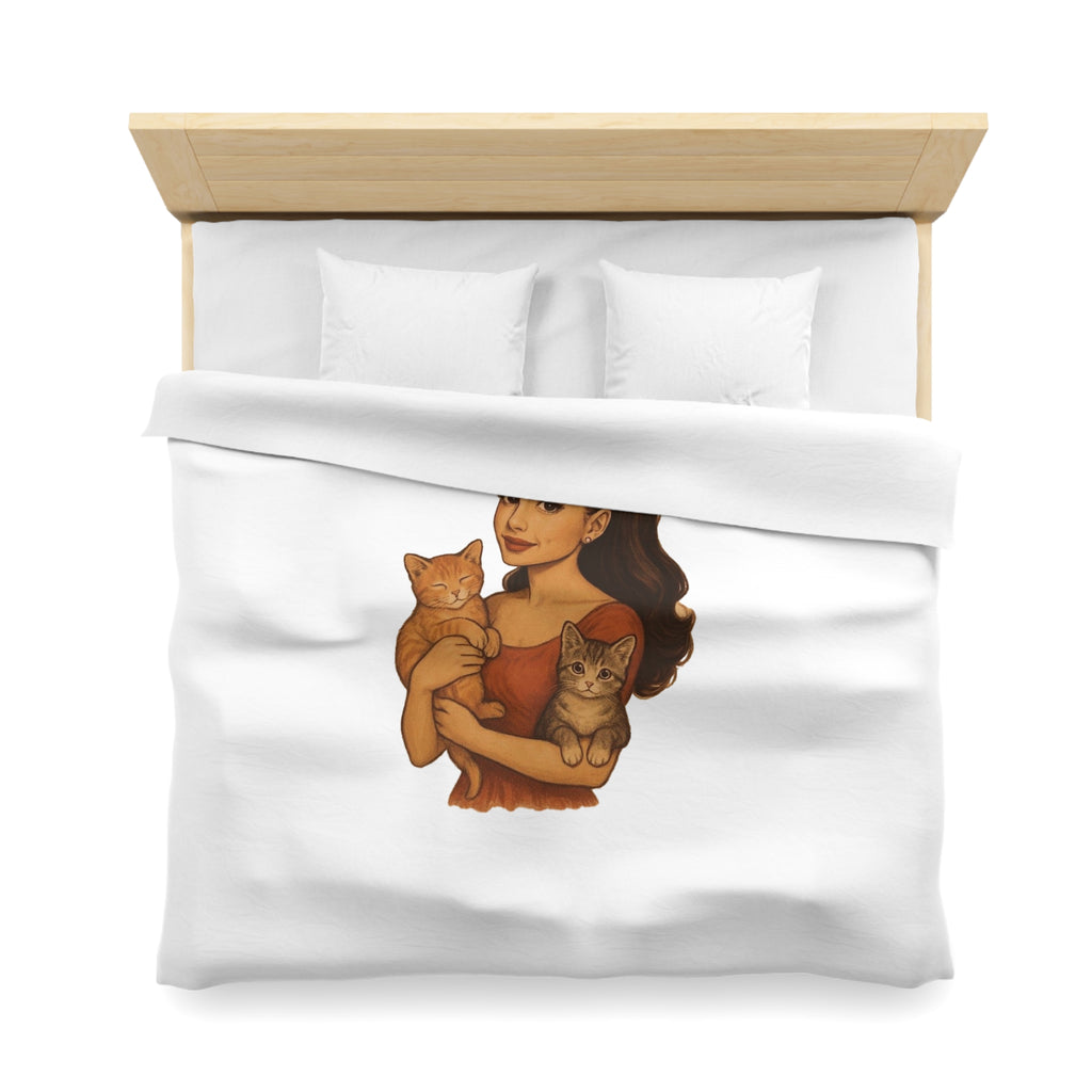 Cat Lover Duvet Cover — Woman Holding Two Kittens Microfiber Bedding