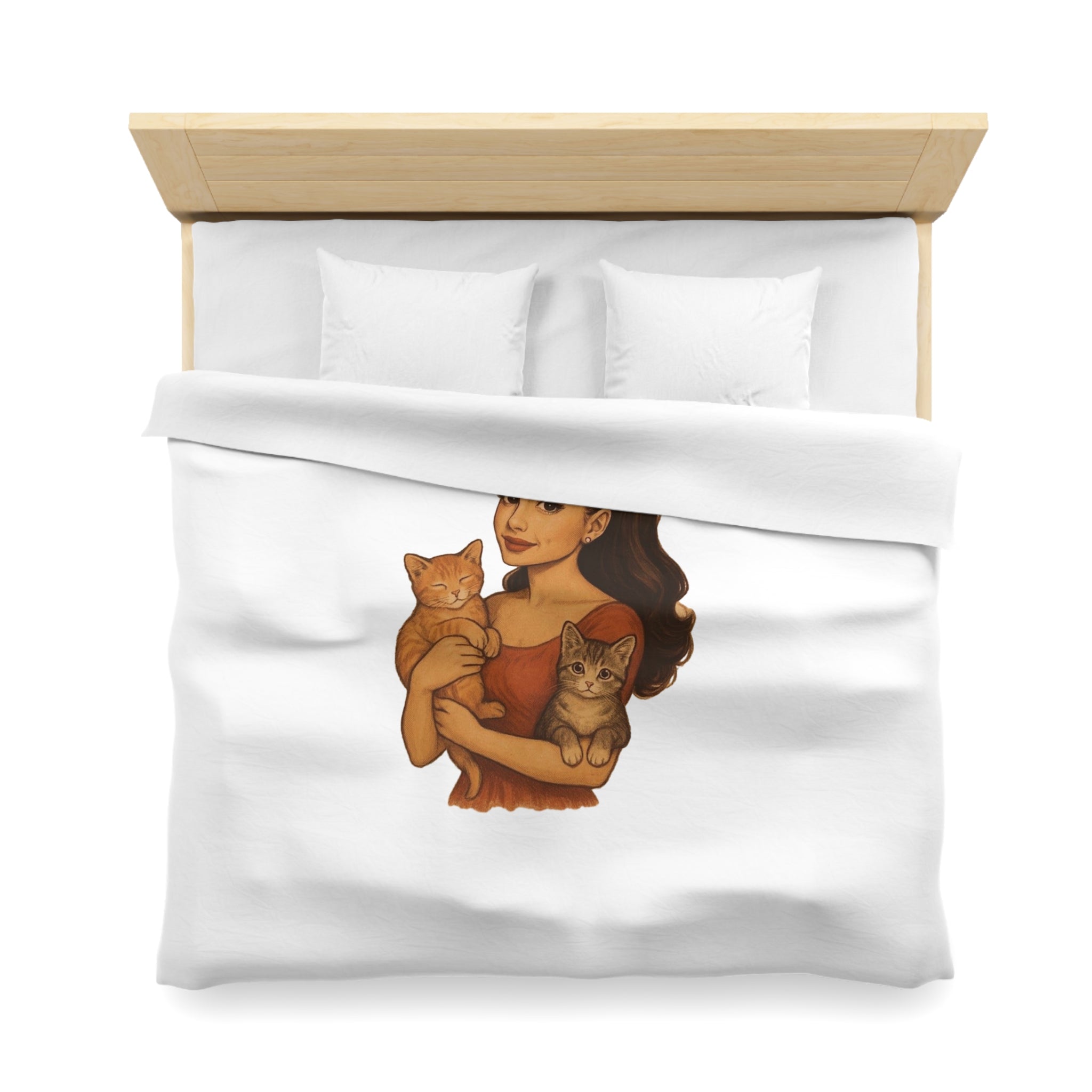 Cat Lover Duvet Cover — Woman Holding Two Kittens Microfiber Bedding