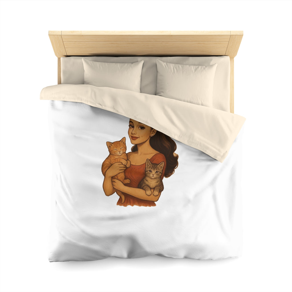 Cat Lover Duvet Cover — Woman Holding Two Kittens Microfiber Bedding
