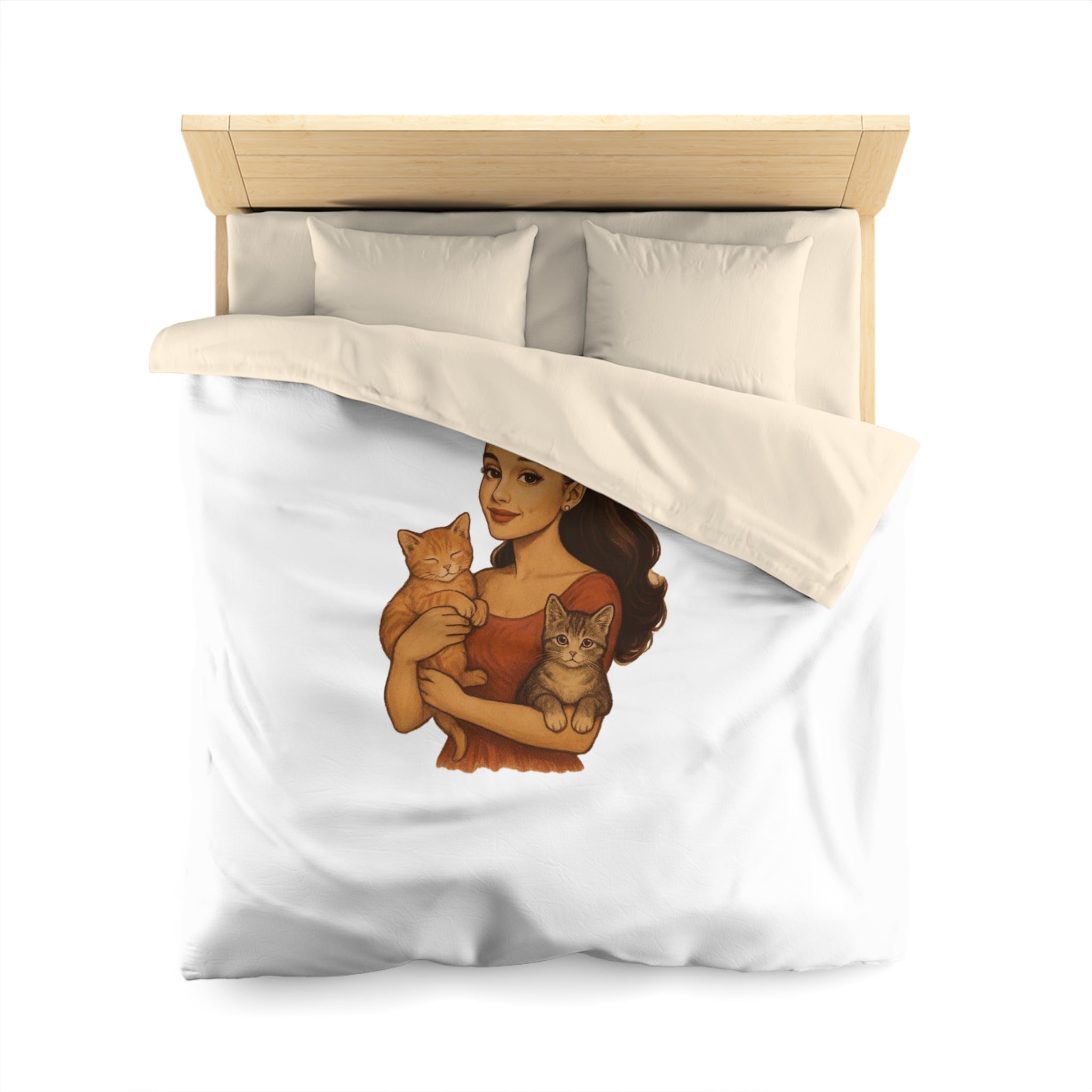 Cat Lover Duvet Cover — Woman Holding Two Kittens Microfiber Bedding