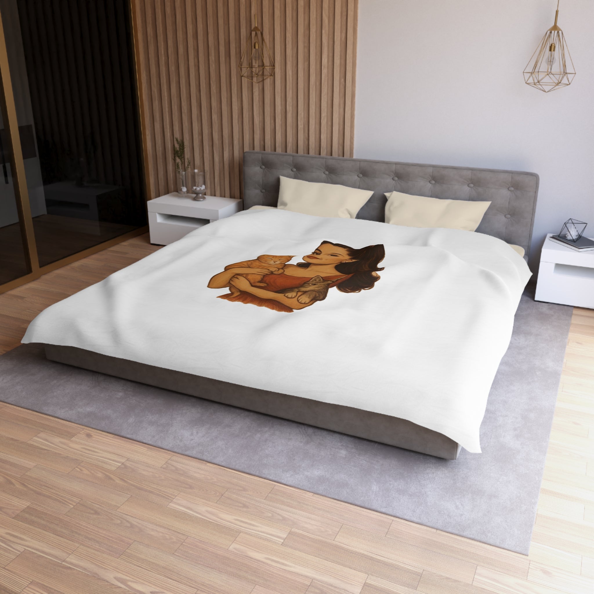 Cat Lover Duvet Cover — Woman Holding Two Kittens Microfiber Bedding