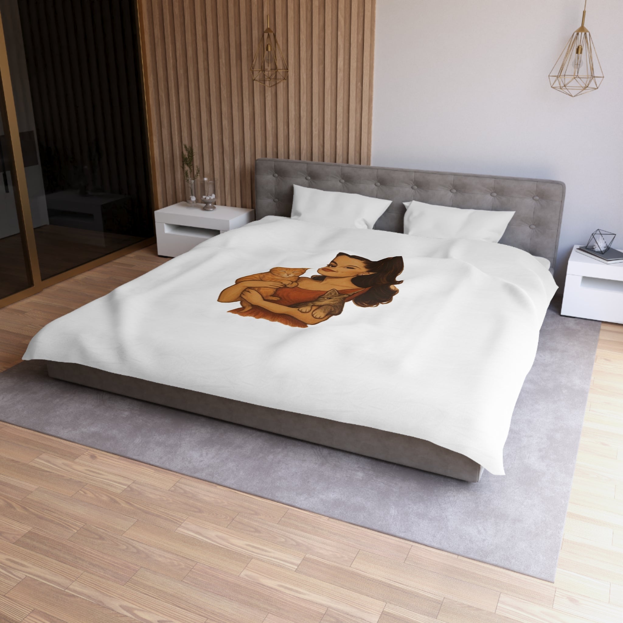 Cat Lover Duvet Cover — Woman Holding Two Kittens Microfiber Bedding