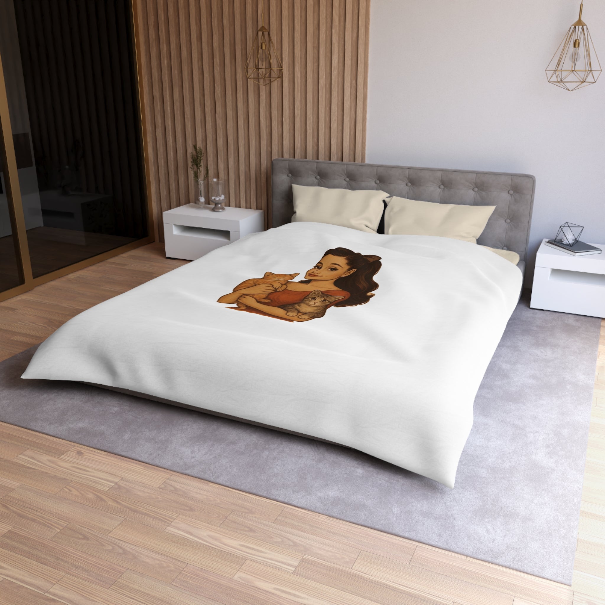 Cat Lover Duvet Cover — Woman Holding Two Kittens Microfiber Bedding
