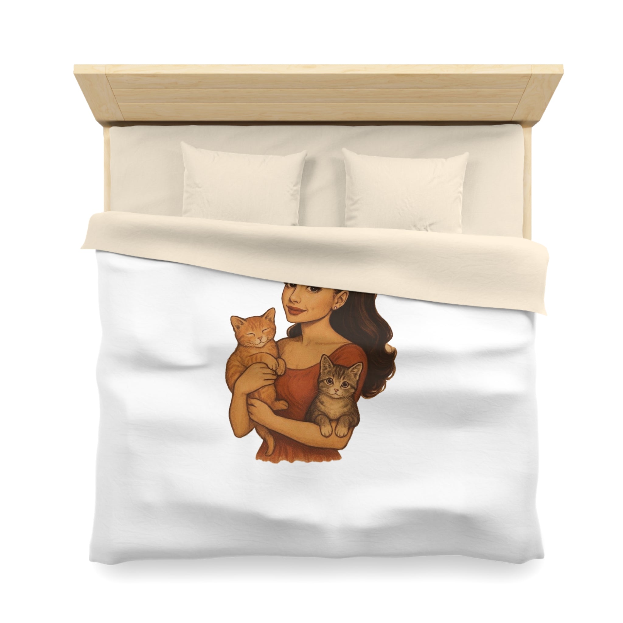 Cat Lover Duvet Cover — Woman Holding Two Kittens Microfiber Bedding