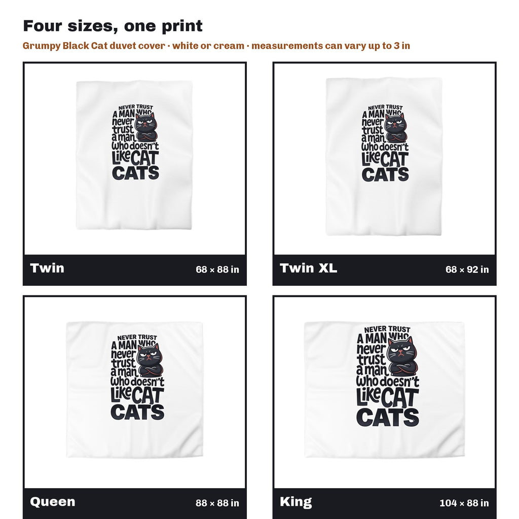Grumpy Black Cat Stacked Lettering Duvet Cover in all four sizes side by side: Twin 68 x 88, Twin XL 68 x 92, Queen 88 x 88, King 104 x 88 in