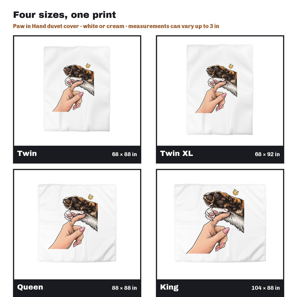 Paw in Hand Tabby Cat Duvet Cover in all four sizes side by side: Twin 68 x 88, Twin XL 68 x 92, Queen 88 x 88, King 104 x 88 in