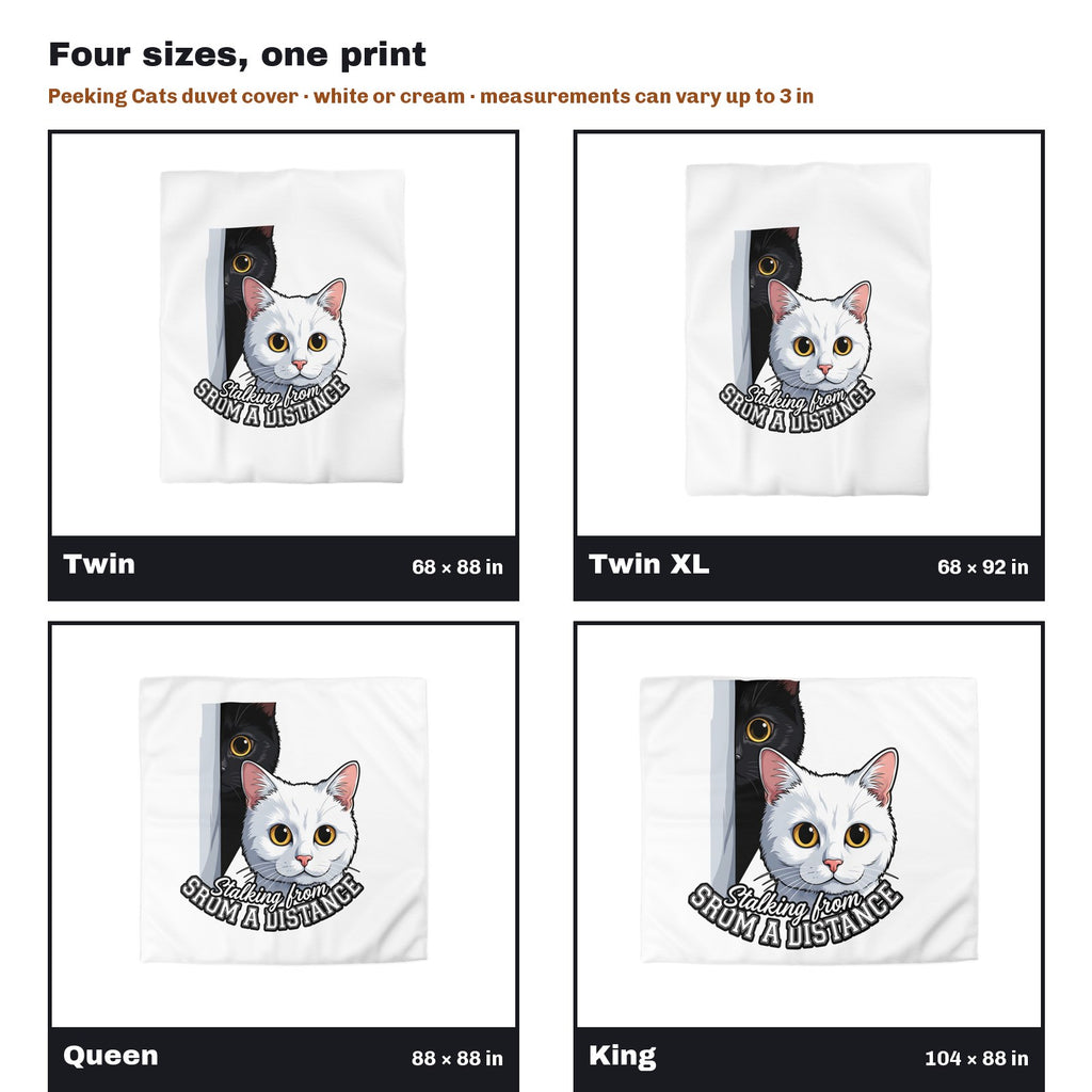 Peeking Black Cat and White Cat Duvet Cover in all four sizes side by side: Twin 68 x 88, Twin XL 68 x 92, Queen 88 x 88, King 104 x 88 in