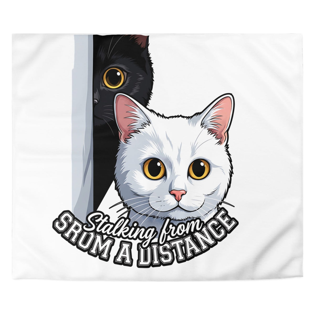 Close-up of the Peeking Cats print: a white cat and a peeking black cat with a lettered banner, on the white cover