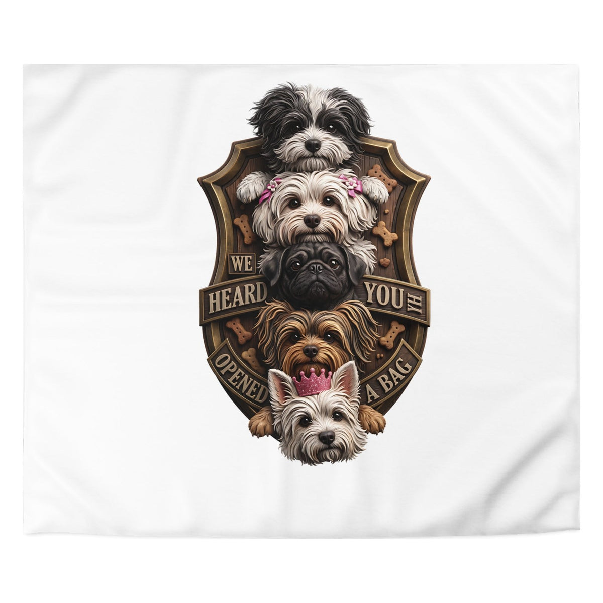Close-up of the We Heard You Opened a Bag print: four dogs in a wooden crest reading We heard you opened a bag, on the white cover