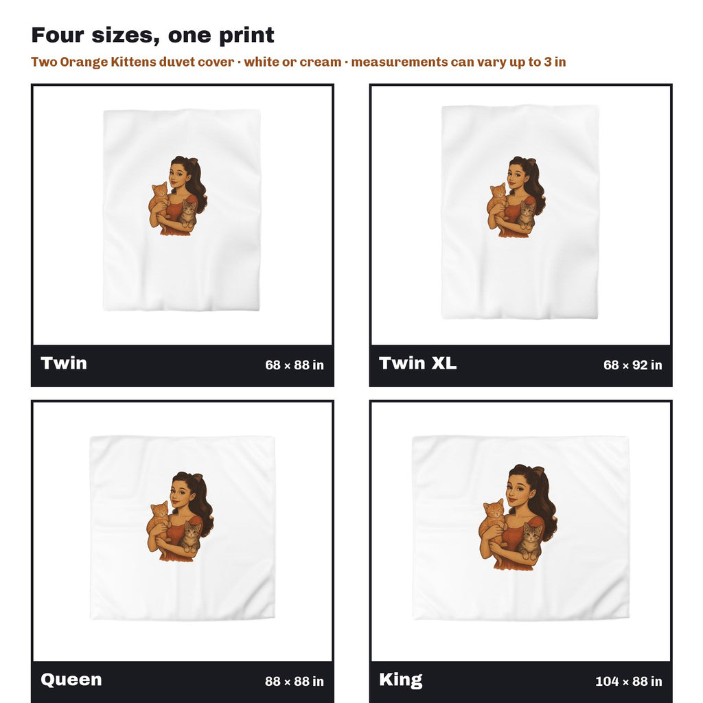 Woman Holding Two Orange Kittens Duvet Cover in all four sizes side by side: Twin 68 x 88, Twin XL 68 x 92, Queen 88 x 88, King 104 x 88 in
