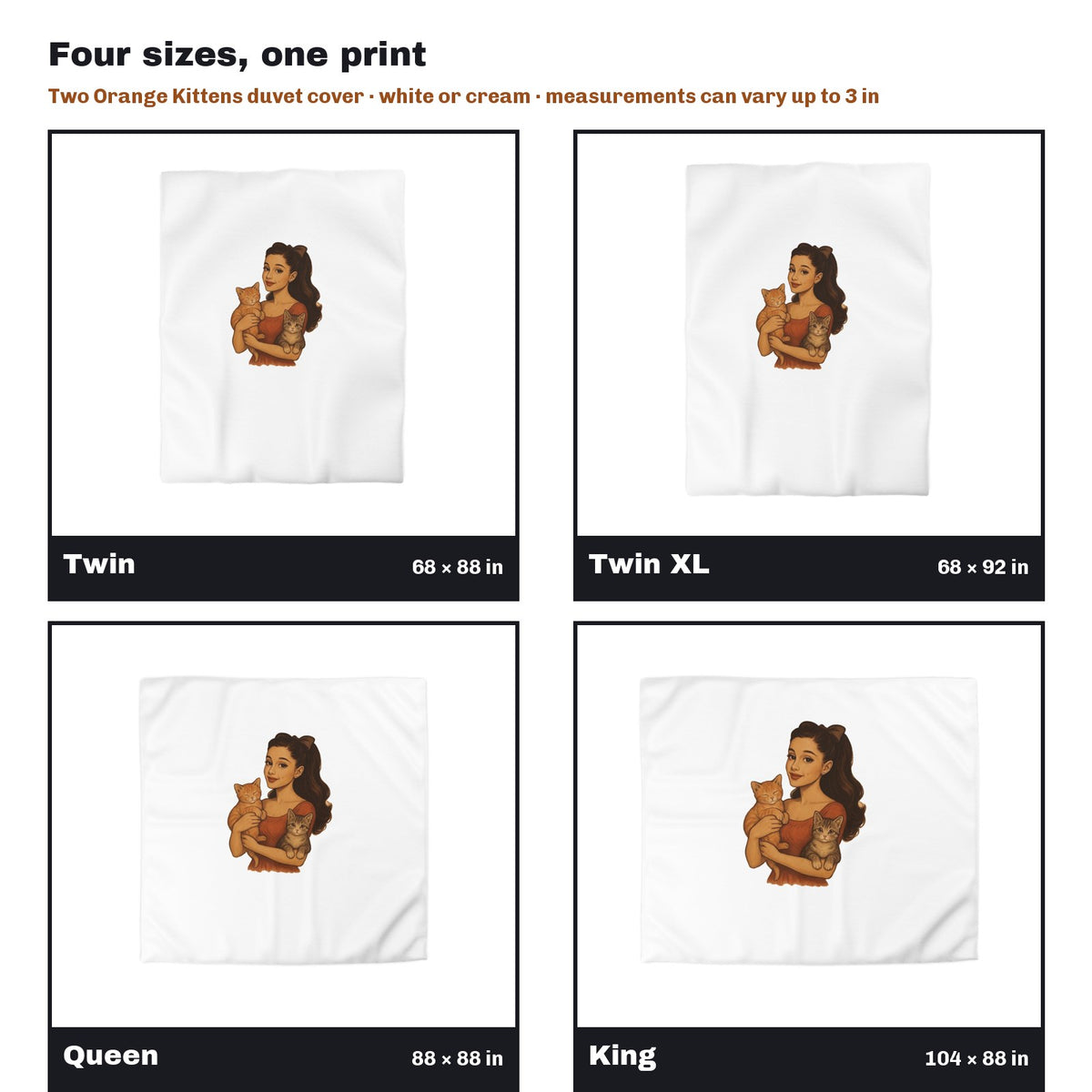 Woman Holding Two Orange Kittens Duvet Cover in all four sizes side by side: Twin 68 x 88, Twin XL 68 x 92, Queen 88 x 88, King 104 x 88 in