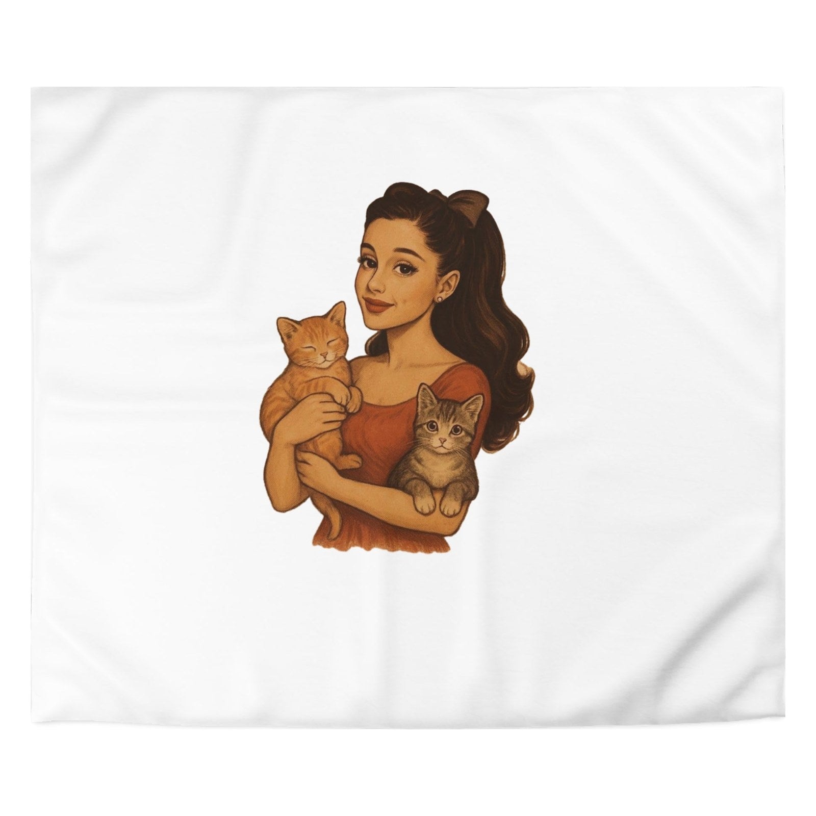 Close-up of the Two Orange Kittens print: a woman holding two orange kittens, on the white cover