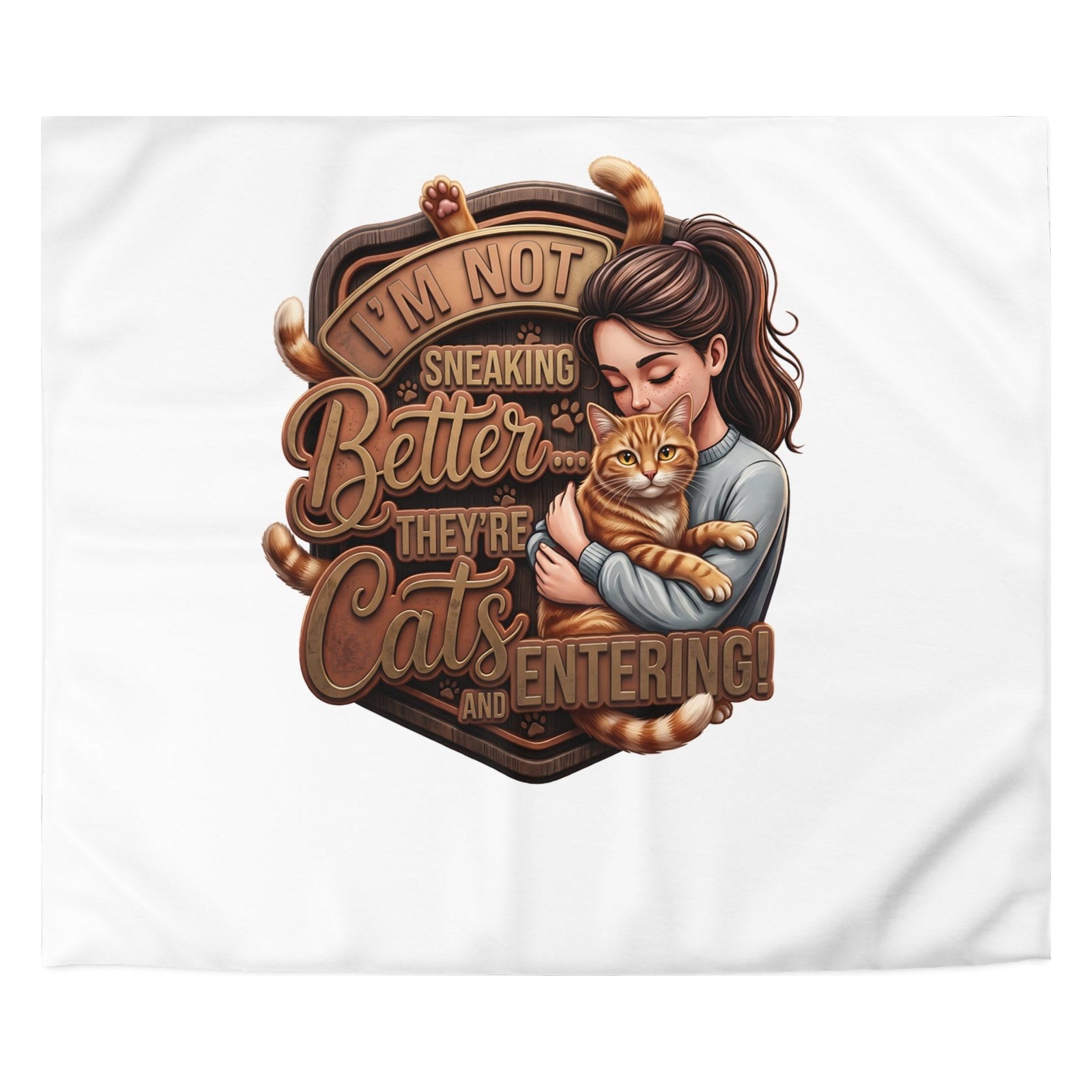 Close-up of the Orange Cat Carved Badge print: a woman hugging an orange cat inside a carved-wood badge, on the white cover