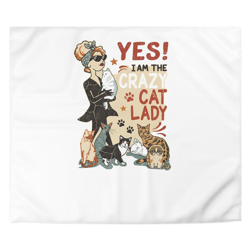 Close-up of the Crazy Cat Lady print: a retro poster of a woman in sunglasses with five cats, lettered Yes I am the crazy cat lady, on the white cover